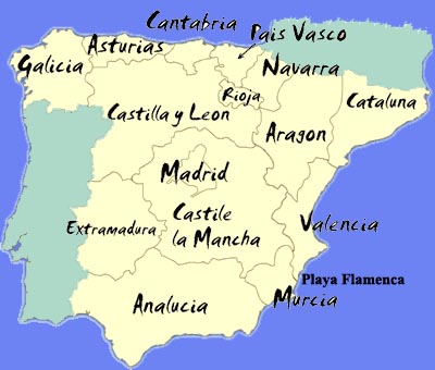 Regions on Map Of Spain Showing Playa Flamenca And The Spanish Regions
